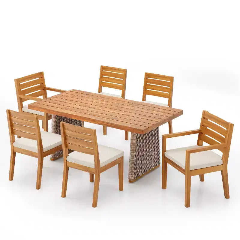 Christopher Knight Home Juliette Set da Pranzo Rustico da Esterno 7 Pezzi in Rattan e Legno di Acacia con Cuscini