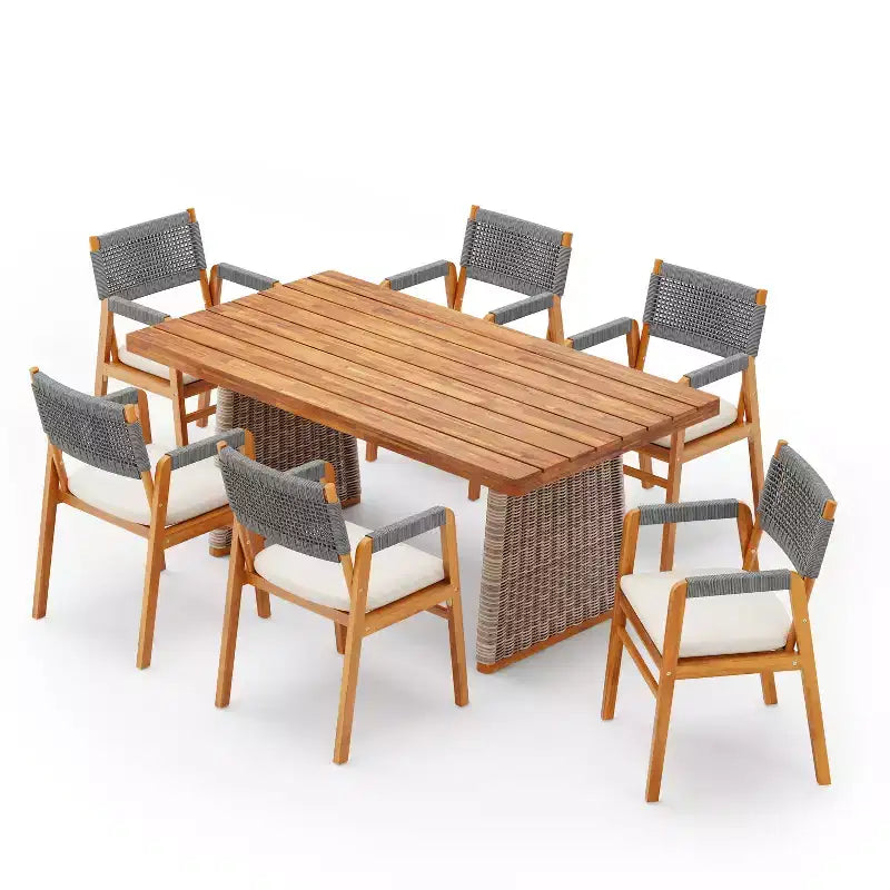 Christopher Knight Home Francesca Set da pranzo rustico da esterno 7 pezzi in legno di acacia con corda intrecciata e tavolo a doghe in rattan