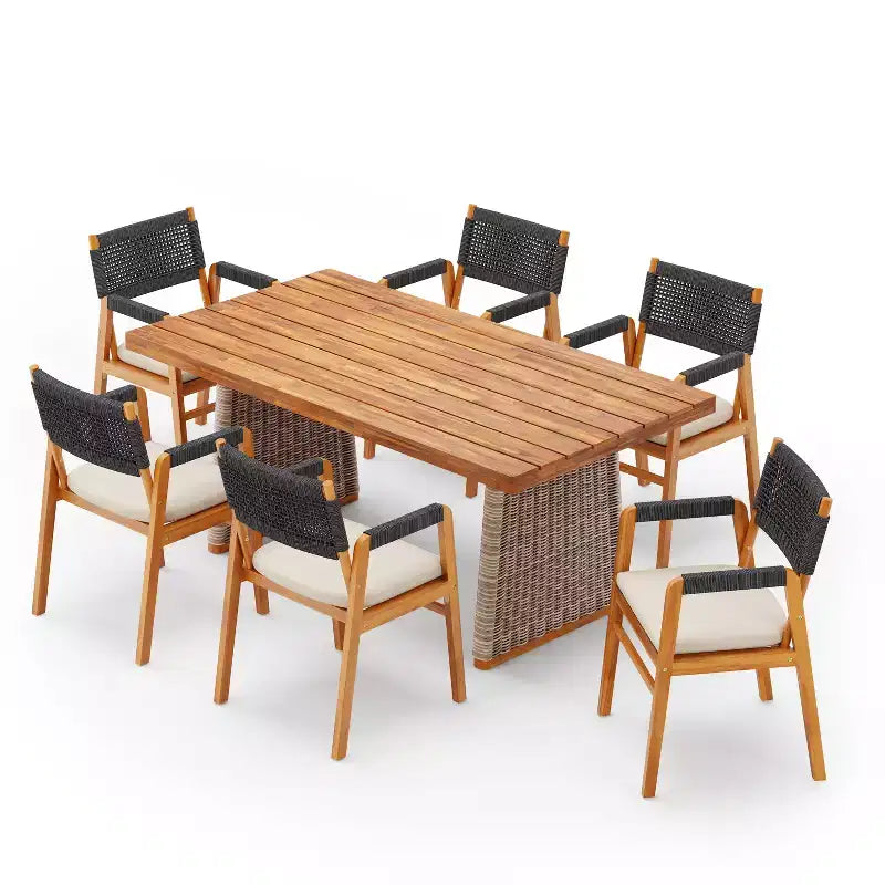 Christopher Knight Home Francesca Set da pranzo rustico da esterno 7 pezzi in legno di acacia con corda intrecciata e tavolo a doghe in rattan