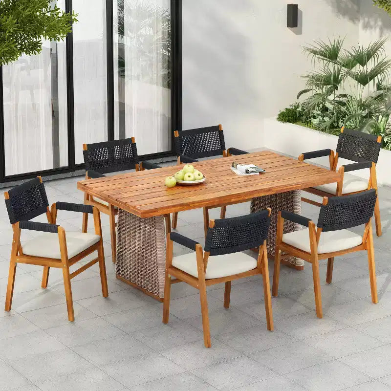 Christopher Knight Home Francesca Rustic 7 Piece Outdoor Woven Rope Acacia Wood Dining Set with Rattan Slatted Table