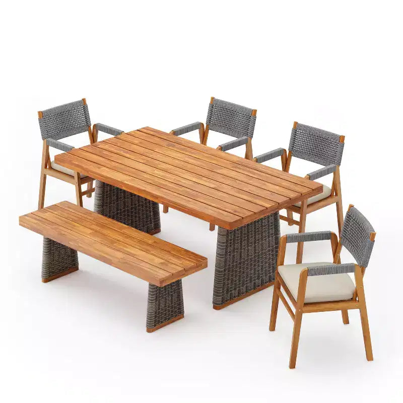 Christopher Knight Home Amara Set da pranzo rustico per esterni da 6 pezzi in legno di acacia con tavolo a doghe in rattan e cuscini