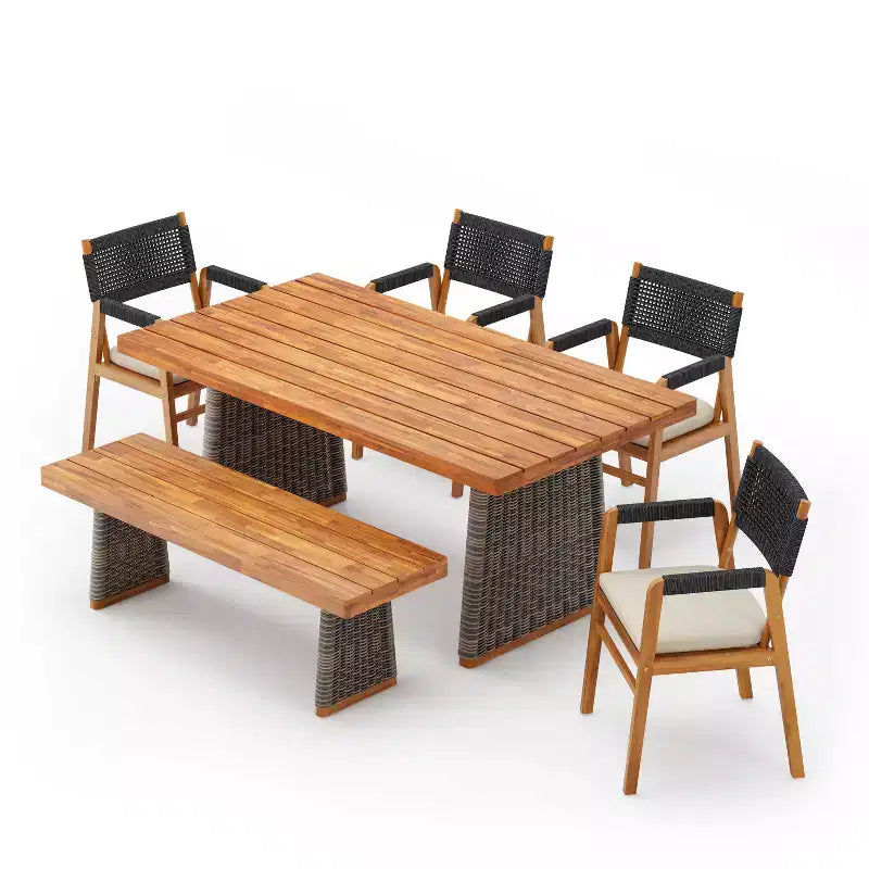Christopher Knight Home Amara Set da pranzo rustico per esterni da 6 pezzi in legno di acacia con tavolo a doghe in rattan e cuscini