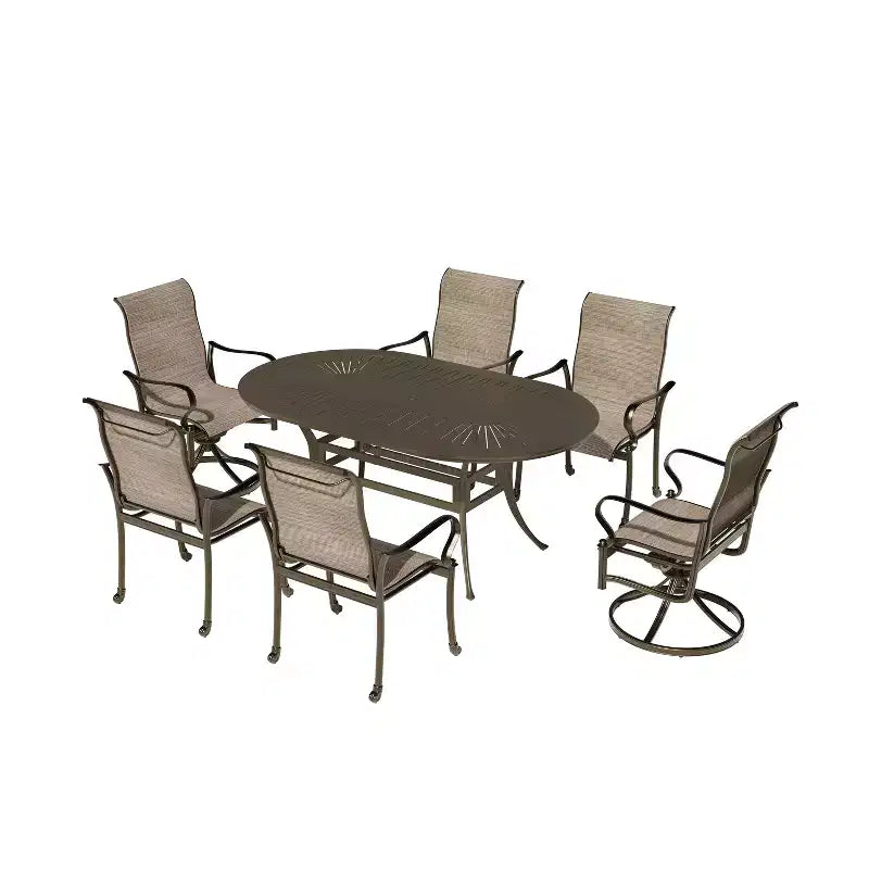 Mondawe Set da pranzo da esterno in alluminio pressofuso da 7 pezzi con 2 sedie girevoli, 4 poltrone e 1 tavolo ovale