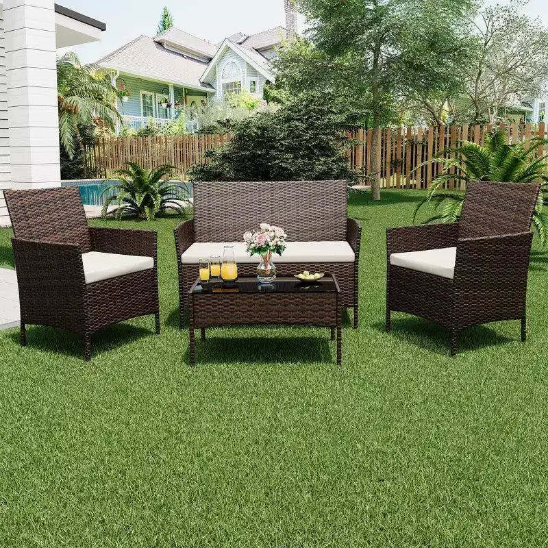 Ensemble de mobilier de jardin 4 pièces, ensemble de chaises en rotin tressé pour terrasse extérieure, canapé en rotin Dialogue tout temps avec revêtement et table en verre