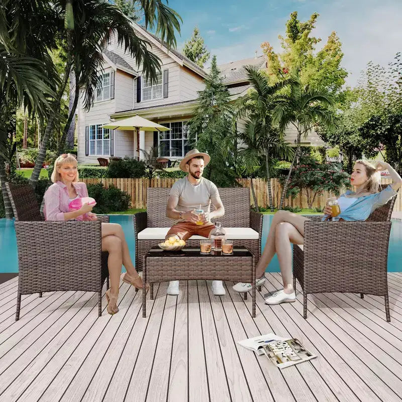 Ensemble de mobilier de jardin 4 pièces, ensemble de chaises en rotin tressé pour terrasse extérieure, canapé en rotin Dialogue tout temps avec revêtement et table en verre
