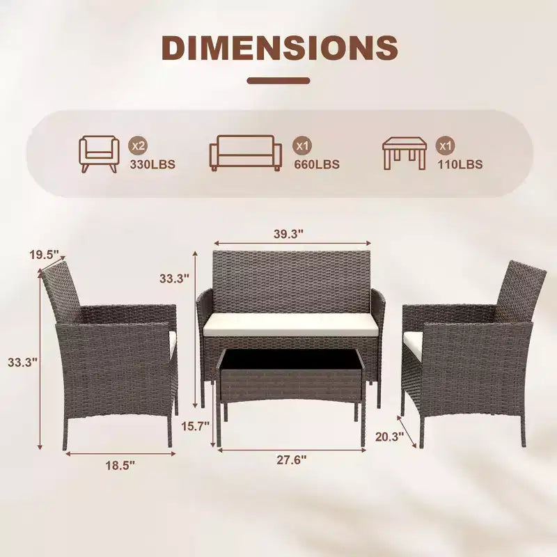 Ensemble de mobilier de jardin 4 pièces, ensemble de chaises en rotin tressé pour terrasse extérieure, canapé en rotin Dialogue tout temps avec revêtement et table en verre