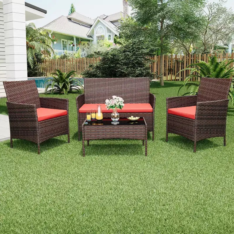Ensemble de mobilier de jardin 4 pièces, ensemble de chaises en rotin tressé pour terrasse extérieure, canapé en rotin Dialogue tout temps avec revêtement et table en verre