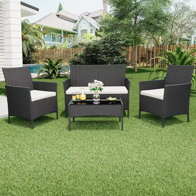 Ensemble de mobilier de jardin 4 pièces, ensemble de chaises en rotin tressé pour terrasse extérieure, canapé en rotin Dialogue tout temps avec revêtement et table en verre