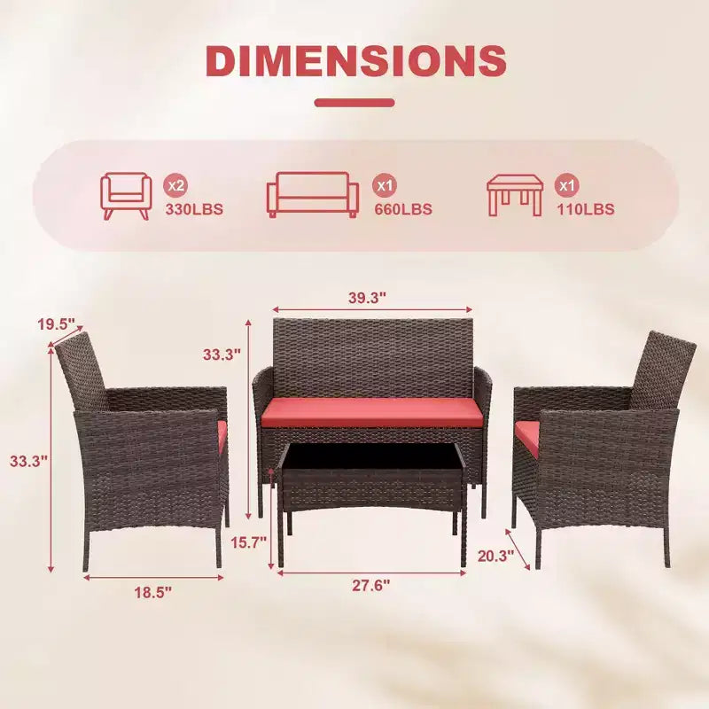 Ensemble de mobilier de jardin 4 pièces, ensemble de chaises en rotin tressé pour terrasse extérieure, canapé en rotin Dialogue tout temps avec revêtement et table en verre