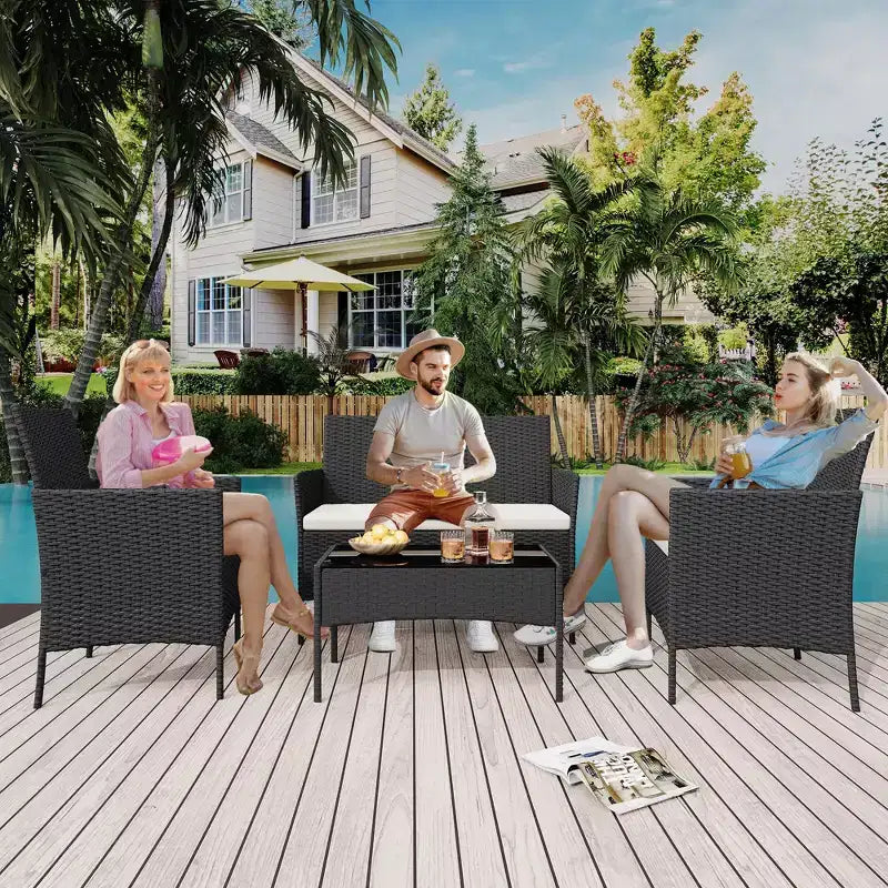 Ensemble de mobilier de jardin 4 pièces, ensemble de chaises en rotin tressé pour terrasse extérieure, canapé en rotin Dialogue tout temps avec revêtement et table en verre