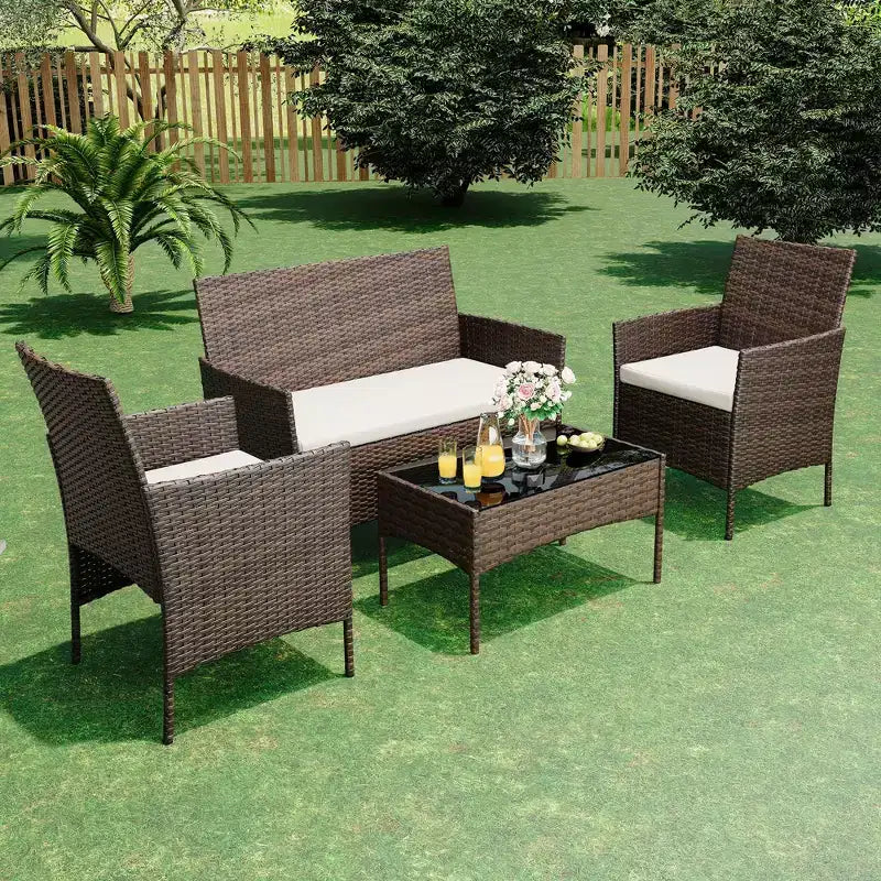 Ensemble de mobilier de jardin 4 pièces, ensemble de chaises en rotin tressé pour terrasse extérieure, canapé en rotin Dialogue tout temps avec revêtement et table en verre