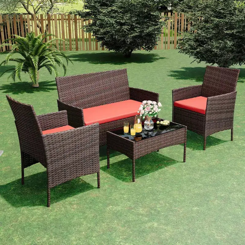 Ensemble de mobilier de jardin 4 pièces, ensemble de chaises en rotin tressé pour terrasse extérieure, canapé en rotin Dialogue tout temps avec revêtement et table en verre