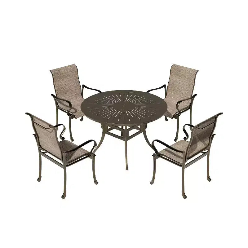 Mondawe Set da pranzo da esterno 5 pezzi con tavolo da pranzo rotondo da 135 cm di larghezza e 4 poltrone