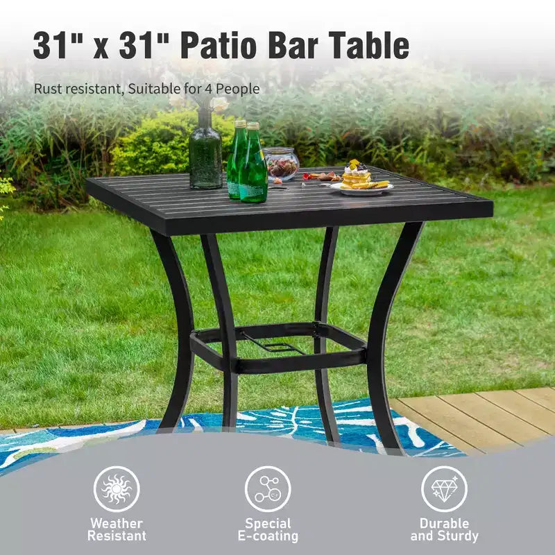 Captiva Designs Set 3 pz Tavolo Alto da Bar e Sedie da Bar Girevoli in Metallo per Esterni con Cuscini e Braccioli