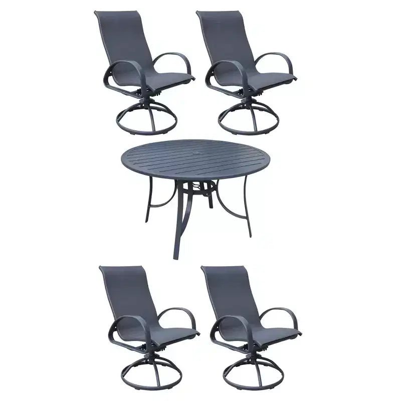 Set da pranzo da 5 pezzi rotondo da 48 pollici Courtyard Casual Santa Fe con sedie girevoli a dondolo in tessuto a rete. Include un tavolo rotondo e 4 sedie girevoli a dondolo in tessuto a rete.