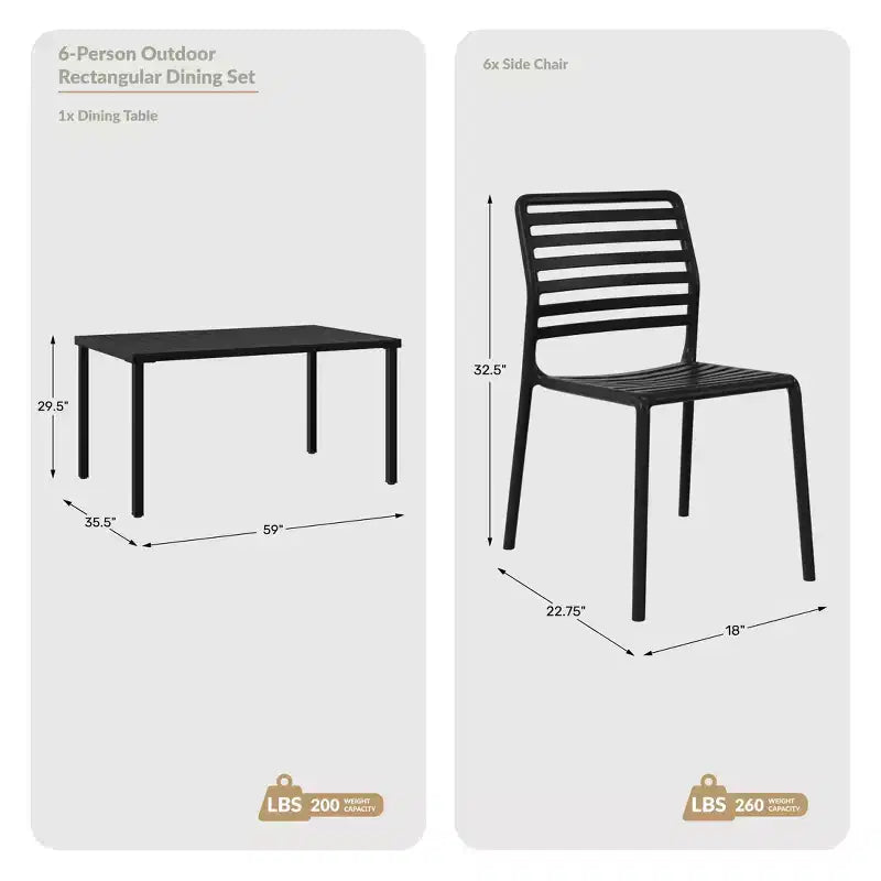 WestinTrends Playa Set da Pranzo per Esterni Rettangolare in Metallo da 7 Pezzi con Sedie Impilabili in Plastica per 6 Persone