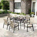 Captiva Designs 7pc Outdoor Dining Rectangular Slat-top Steel Table & Beige Rattan Fixed Chairs