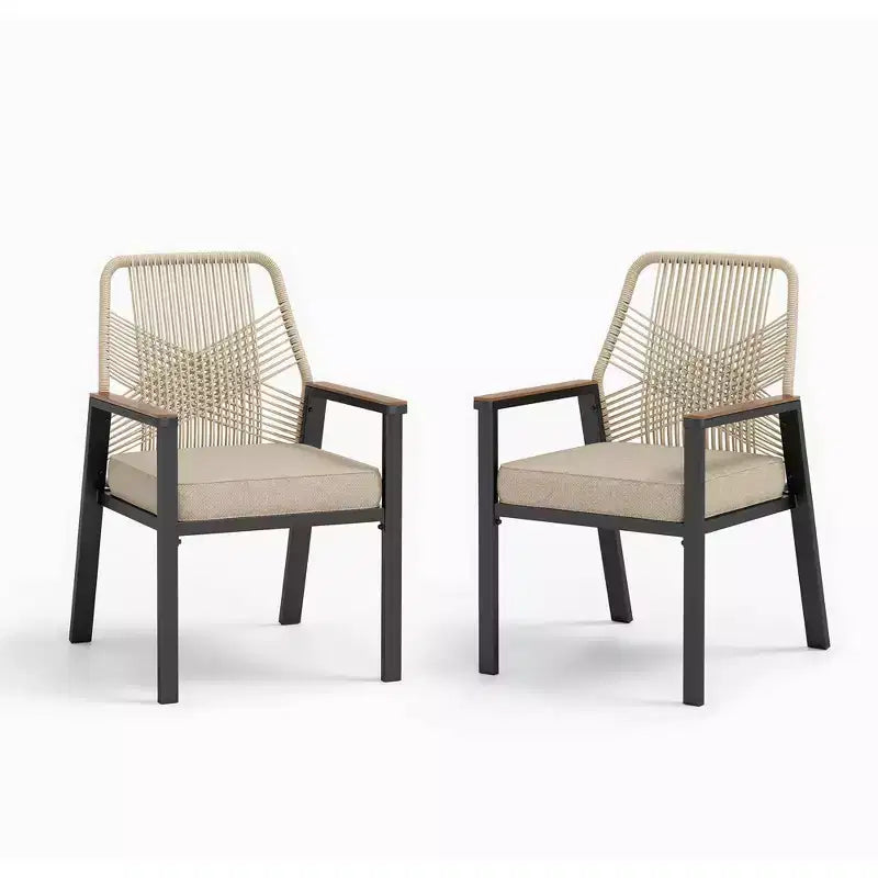 Captiva Designs Set da pranzo da 7 pezzi per esterni con tavolo rettangolare in acciaio con piano a doghe e sedie fisse in rattan beige