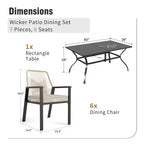 Captiva Designs Set da pranzo da 7 pezzi per esterni con tavolo rettangolare in acciaio con piano a doghe e sedie fisse in rattan beige