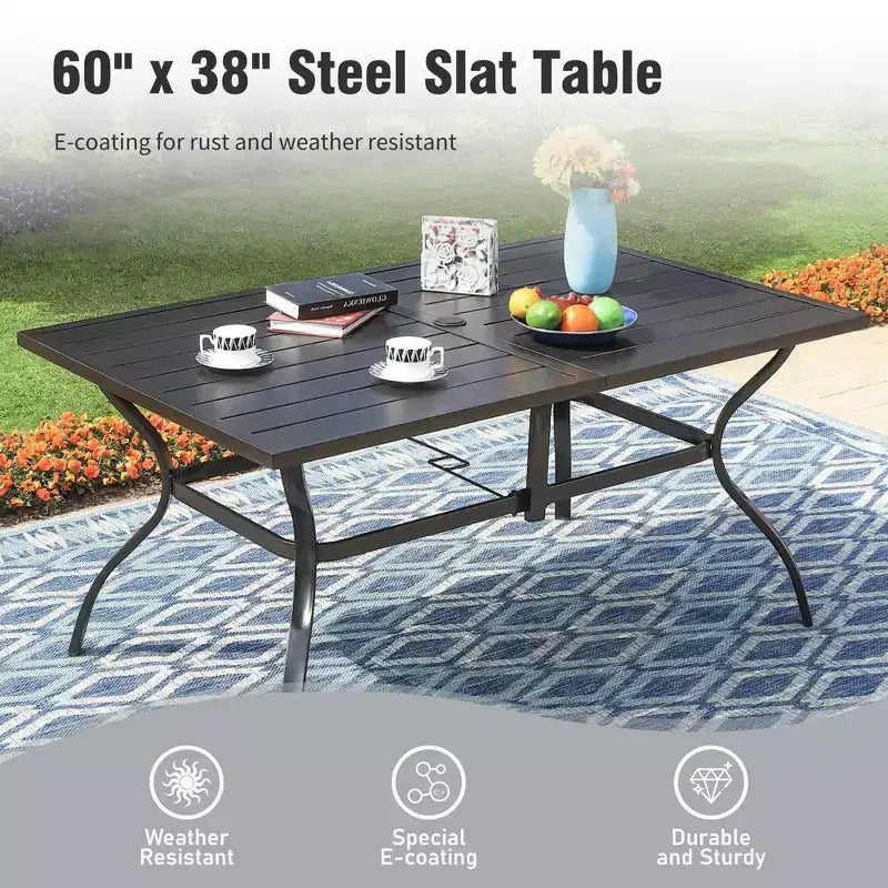 Captiva Designs Set da pranzo da 7 pezzi per esterni con tavolo rettangolare in acciaio con piano a doghe e sedie fisse in rattan beige