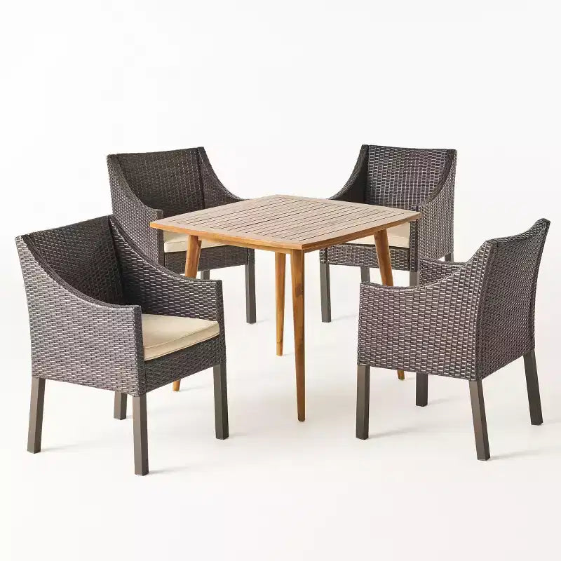 Set da pranzo da 5 pezzi Christopher Knight Home Damas da esterno in legno di acacia e vimini con cuscini