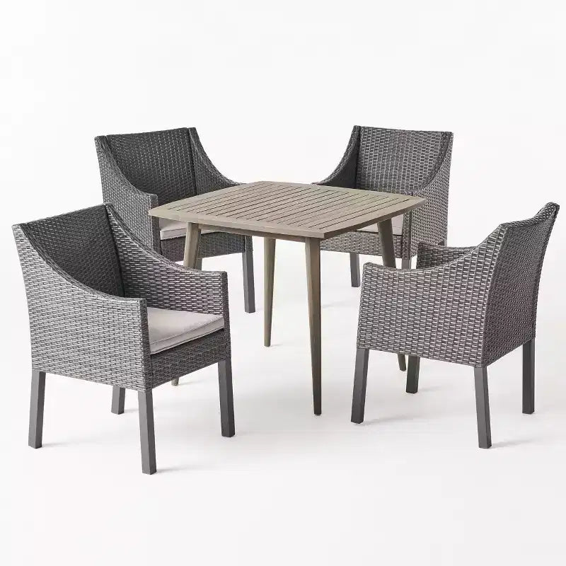 Set da pranzo da 5 pezzi Christopher Knight Home Damas da esterno in legno di acacia e vimini con cuscini