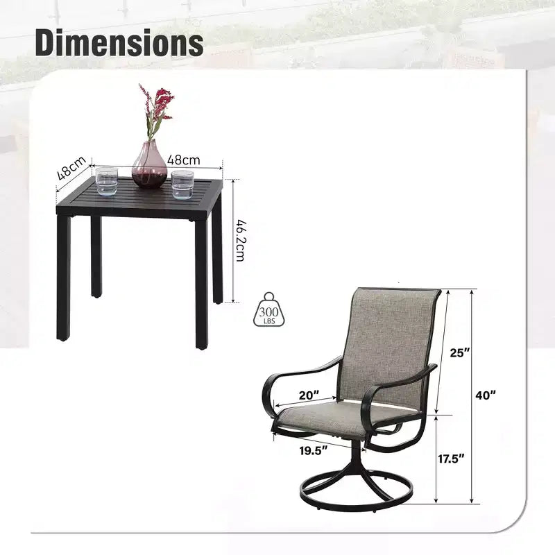 Captiva Designs - Ensemble de 3 pièces : Table bistro carrée et chaises pivotantes en textilène gris-brun pour patio