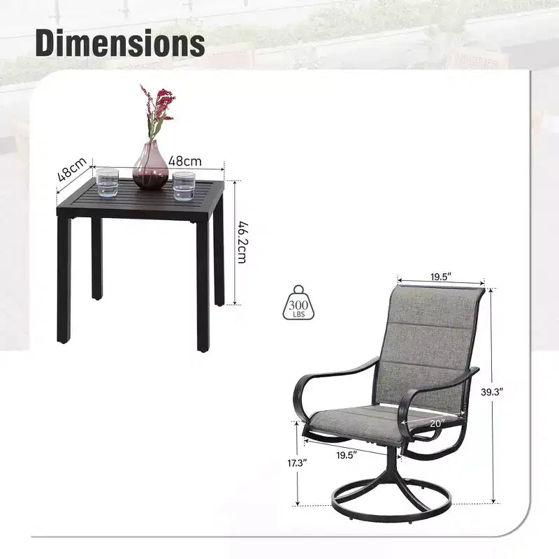 Captiva Designs - Ensemble de 3 pièces : Table bistro carrée et chaises pivotantes en textilène gris-brun pour patio
