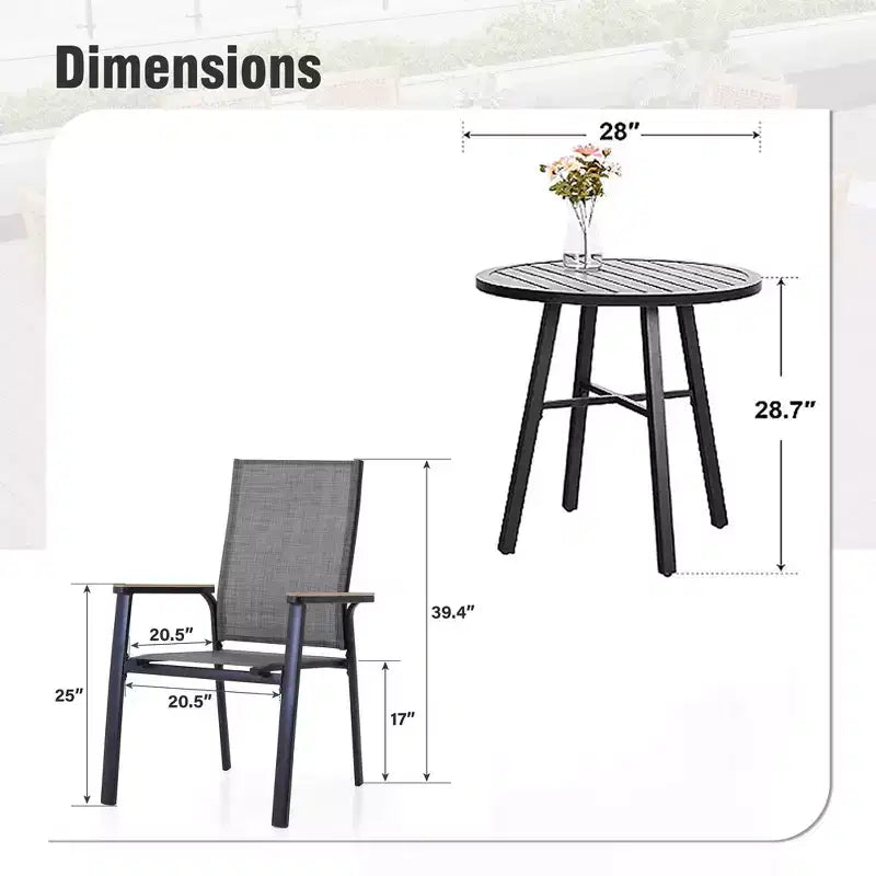 Captiva Designs, tavolo da pranzo per patio esterno in acciaio 3 pezzi e sedie a fionda in textilene con braccioli color legno grigio