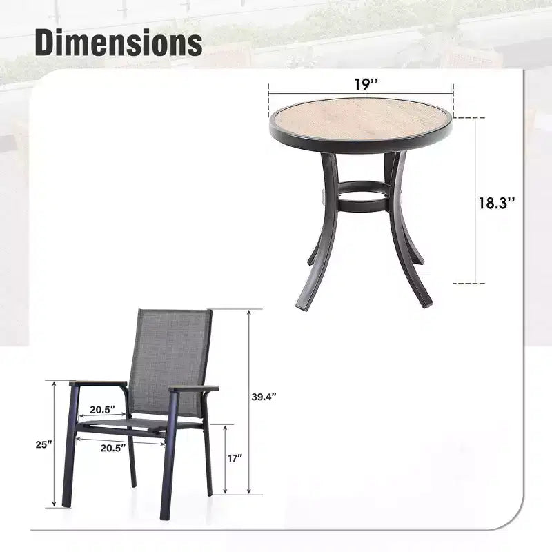 Captiva Designs, tavolo da pranzo per patio esterno in acciaio 3 pezzi e sedie a fionda in textilene con braccioli color legno grigio