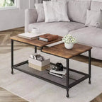 Industrial Coffee Table 2-Tier Rectangle Storage Cocktail Table Living Room Table with Mesh Shelf Metal Frame Sturdy Coffee Table, Rustic Brown