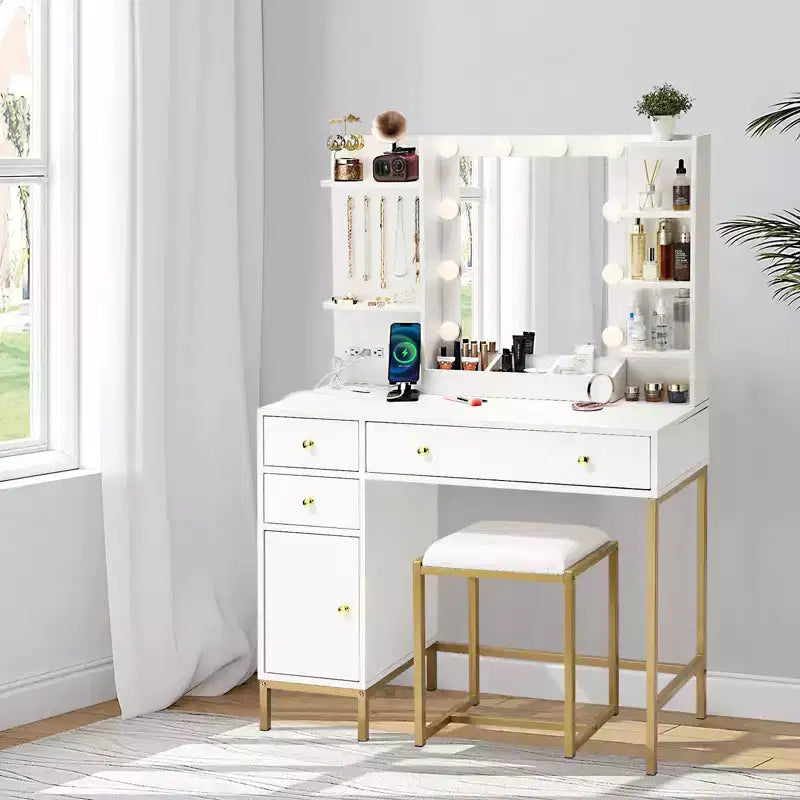 TROPOW Coiffeuse avec Tabouret et Prise de Courant, Miroir Lumineux Réglable, Tiroirs et Étagères de Rangement, 3 Modes d'Éclairage pour Chambre à Coucher, Blanc