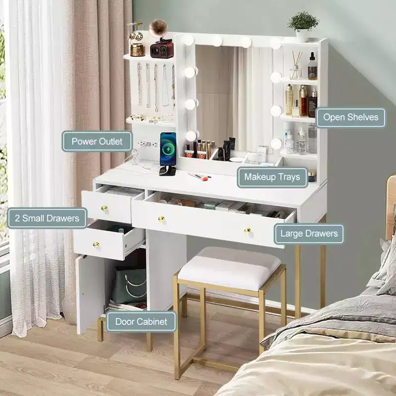TROPOW Coiffeuse avec Tabouret et Prise de Courant, Miroir Lumineux Réglable, Tiroirs et Étagères de Rangement, 3 Modes d'Éclairage pour Chambre à Coucher, Blanc