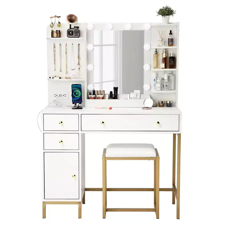 TROPOW Coiffeuse avec Tabouret et Prise de Courant, Miroir Lumineux Réglable, Tiroirs et Étagères de Rangement, 3 Modes d'Éclairage pour Chambre à Coucher, Blanc