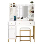 TROPOW Coiffeuse avec Tabouret et Prise de Courant, Miroir Lumineux Réglable, Tiroirs et Étagères de Rangement, 3 Modes d'Éclairage pour Chambre à Coucher, Blanc
