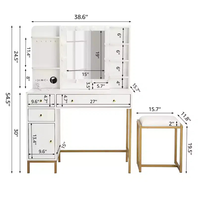 TROPOW Coiffeuse avec Tabouret et Prise de Courant, Miroir Lumineux Réglable, Tiroirs et Étagères de Rangement, 3 Modes d'Éclairage pour Chambre à Coucher, Blanc