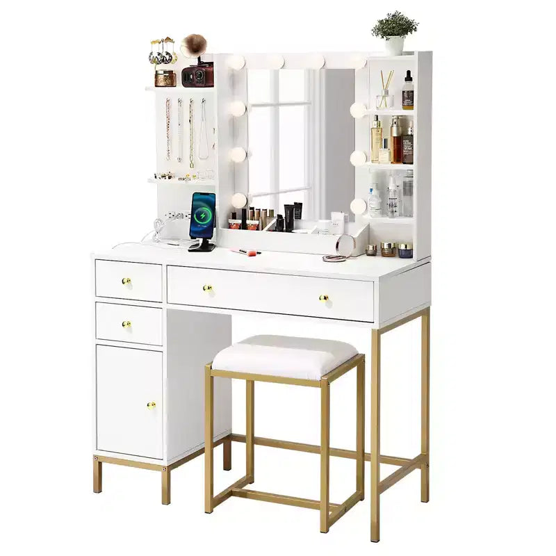 TROPOW Coiffeuse avec Tabouret et Prise de Courant, Miroir Lumineux Réglable, Tiroirs et Étagères de Rangement, 3 Modes d'Éclairage pour Chambre à Coucher, Blanc