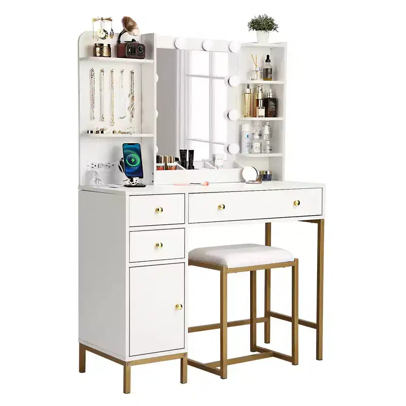 TROPOW Coiffeuse avec Tabouret et Prise de Courant, Miroir Lumineux Réglable, Tiroirs et Étagères de Rangement, 3 Modes d'Éclairage pour Chambre à Coucher, Blanc