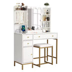 TROPOW Coiffeuse avec Tabouret et Prise de Courant, Miroir Lumineux Réglable, Tiroirs et Étagères de Rangement, 3 Modes d'Éclairage pour Chambre à Coucher, Blanc