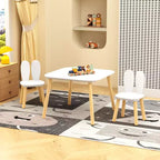 Set Tavolo e 2 Sedie per Bambini, Tavolino e Sedie per Bambini a Tema Coniglio, 3 Pezzi, Tavolino per Attività in Legno per Bambini con Gambe in Legno Massello (Bianco)