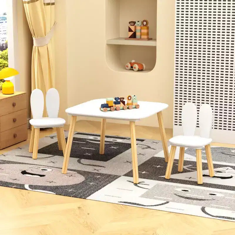 Set Tavolo e 2 Sedie per Bambini, Tavolino e Sedie per Bambini a Tema Coniglio, 3 Pezzi, Tavolino per Attività in Legno per Bambini con Gambe in Legno Massello (Bianco)