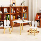 Set Tavolo e 2 Sedie per Bambini, Tavolino e Sedie per Bambini a Tema Coniglio, 3 Pezzi, Tavolino per Attività in Legno per Bambini con Gambe in Legno Massello (Bianco)