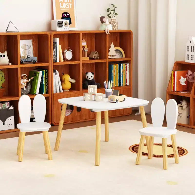 Set Tavolo e 2 Sedie per Bambini, Tavolino e Sedie per Bambini a Tema Coniglio, 3 Pezzi, Tavolino per Attività in Legno per Bambini con Gambe in Legno Massello (Bianco)