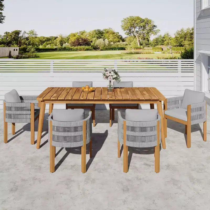 Christopher Knight Home Corin Set da Pranzo Rustico da Esterno 7 Pezzi in Legno di Acacia con Corda Intrecciata, Tavolo a Doghe e Cuscini