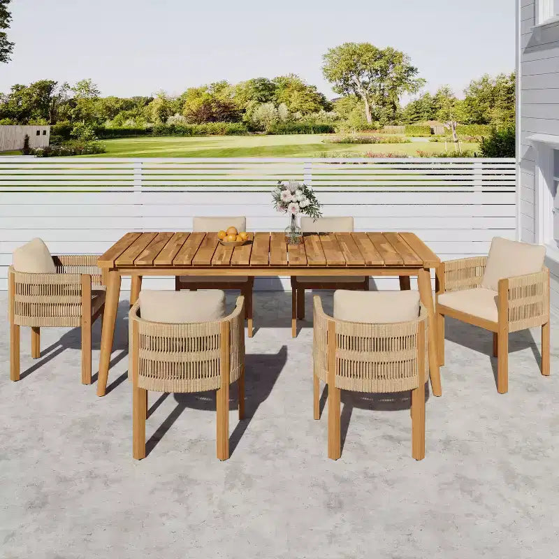 Christopher Knight Home Corin Set da Pranzo Rustico da Esterno 7 Pezzi in Legno di Acacia con Corda Intrecciata, Tavolo a Doghe e Cuscini