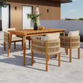 Christopher Knight Home Corin Elara 5 Piece Patio Acacia Wood Woven Rope Dining Set with Slatted Table and Cushions