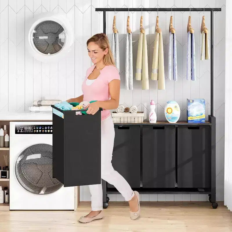 Carrello Portabiancheria con Asta Appendini e Ripiano Utility, Cesto Portabiancheria Rotante con Ruote Bloccabili, Organizer per Lavanderia