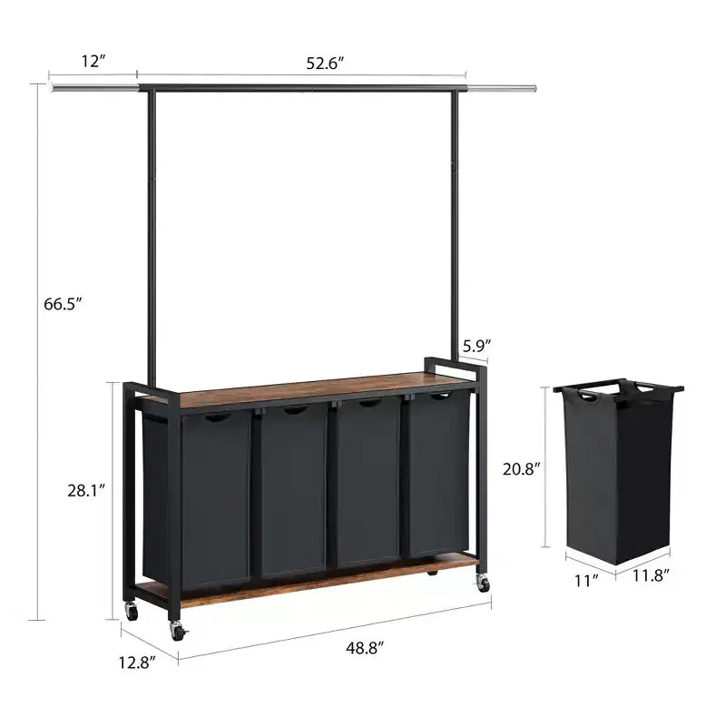 Carrello Portabiancheria con Asta Appendini e Ripiano Utility, Cesto Portabiancheria Rotante con Ruote Bloccabili, Organizer per Lavanderia