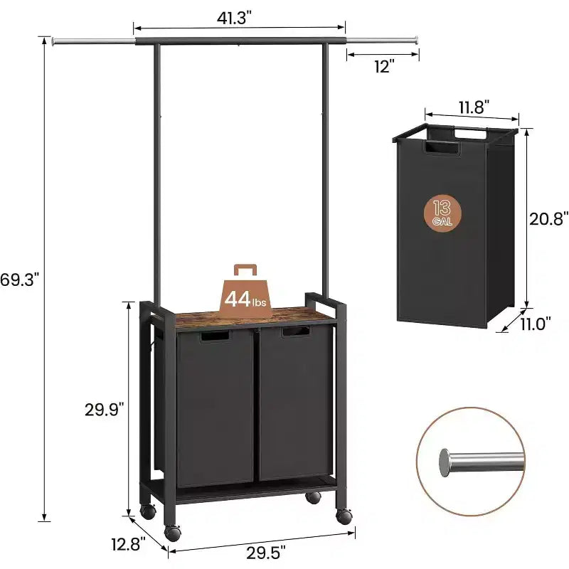 Carrello Portabiancheria con Asta Appendini e Ripiano Utility, Cesto Portabiancheria Rotante con Ruote Bloccabili, Organizer per Lavanderia