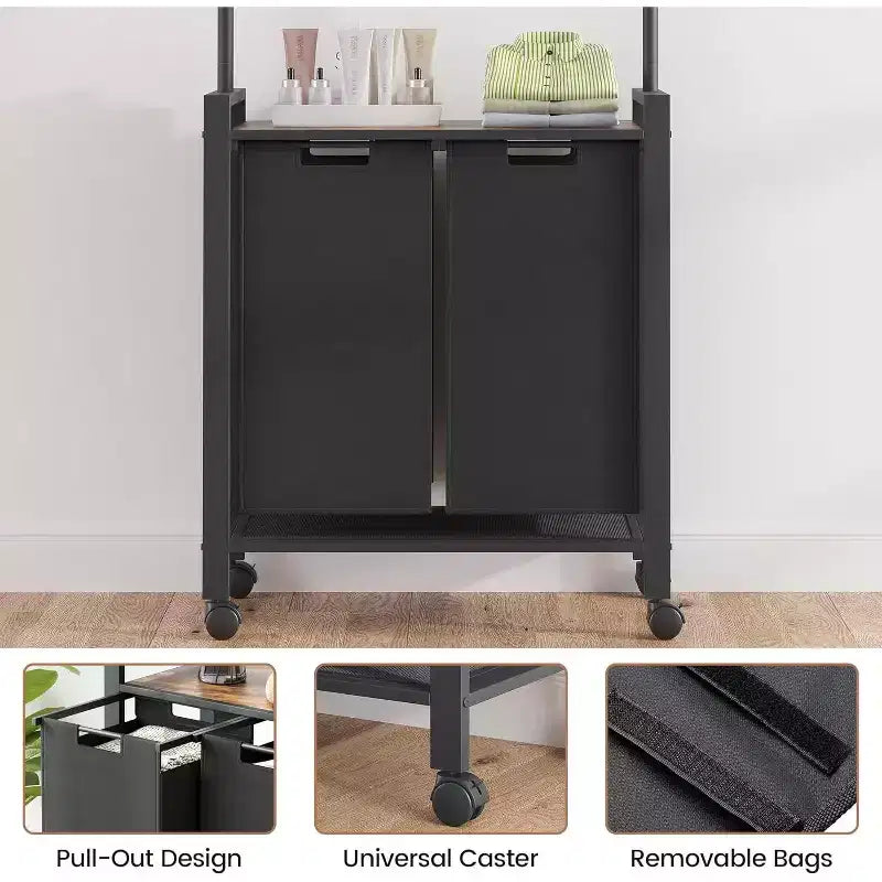 Carrello Portabiancheria con Asta Appendini e Ripiano Utility, Cesto Portabiancheria Rotante con Ruote Bloccabili, Organizer per Lavanderia